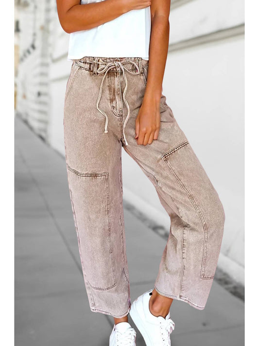 Acid Wash Barrel Fit Waist String Denim Pants