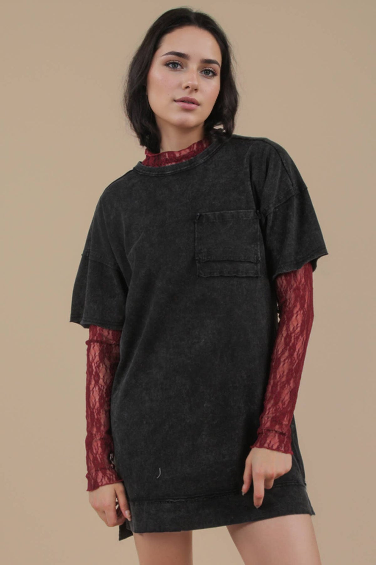 Mineral Washed Knit Oversized Shift Mini Dress: BLACK