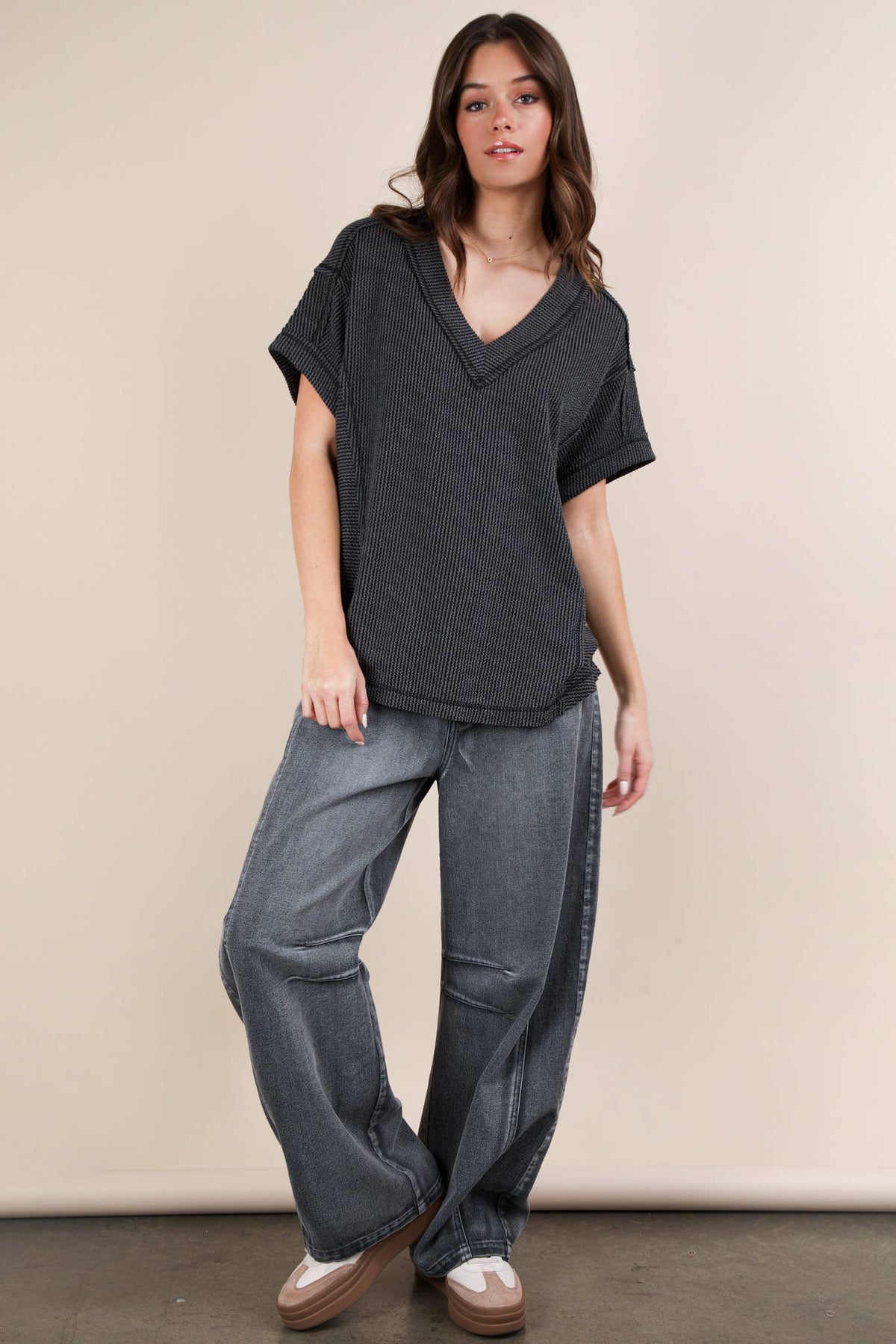 PLUS SIZE Soft Two Tone Casual Comfy Ribbed Knit  CHARCOAL