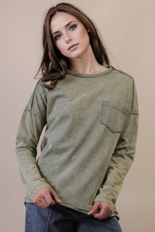Mineral Washed Casual Knit Top: SAGE