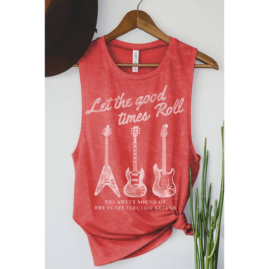 LET THE GOOD TIMES TO ROLL GUITAR MINERAL GRAPHIC TANK TOP Vintage Red
