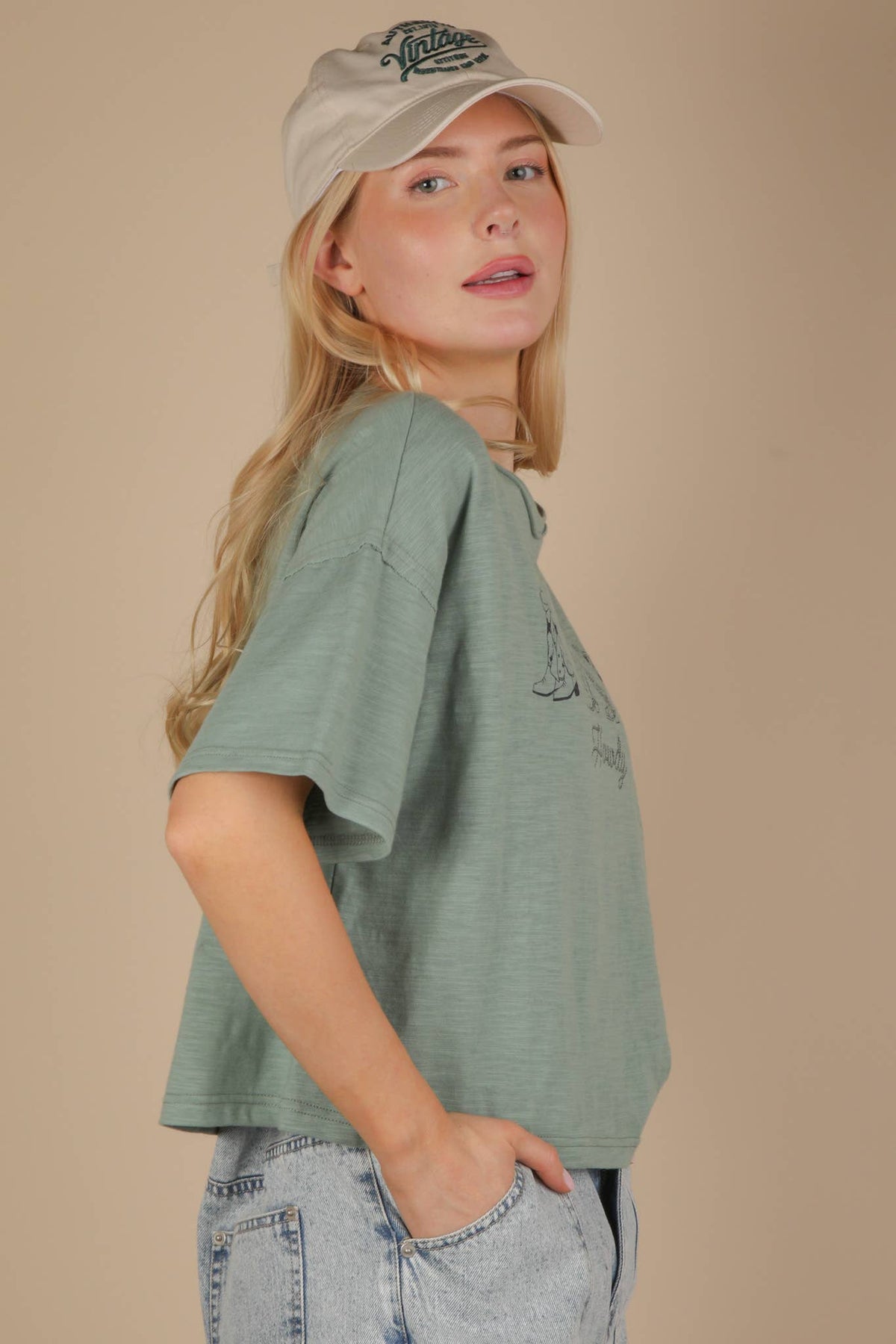 Screen Print Graphic Casual Knit T shirt: SAGE