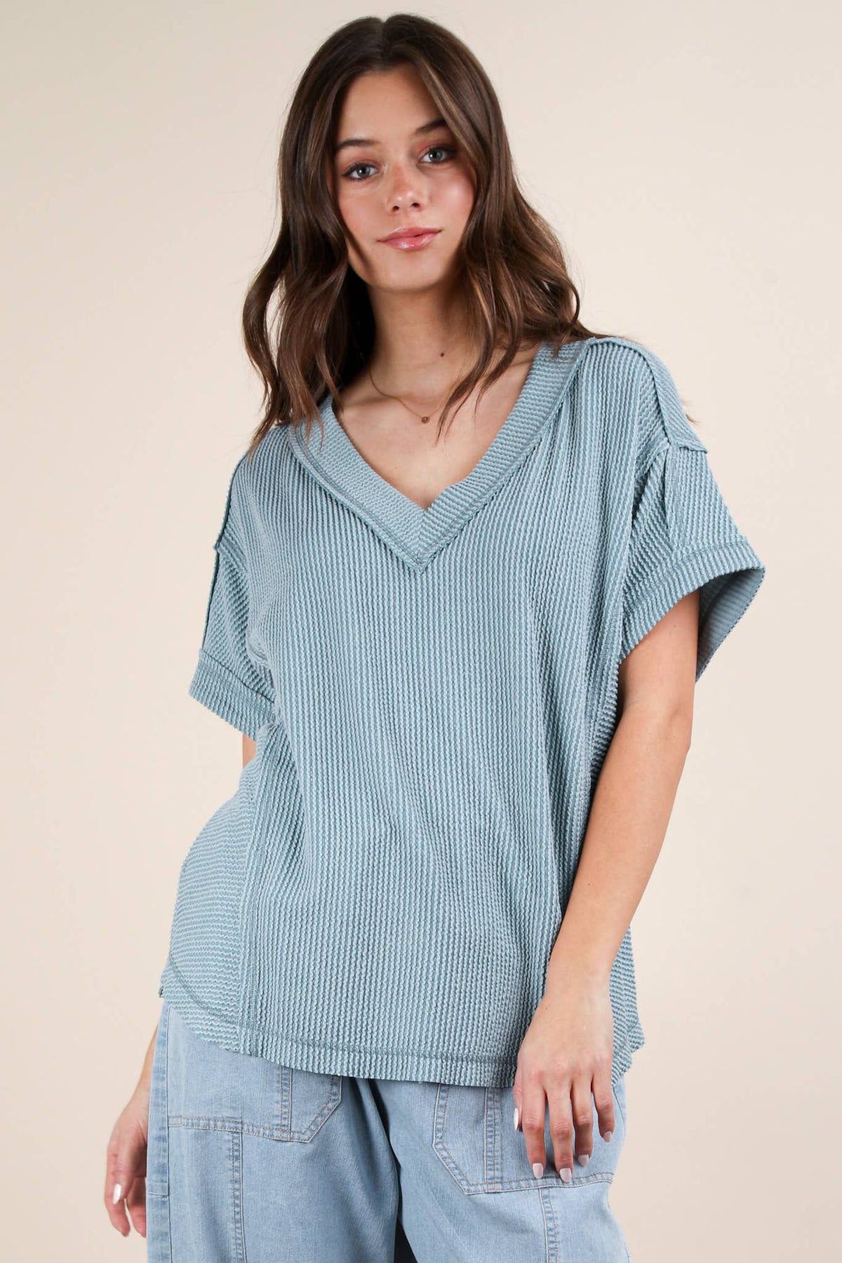 PLUS SIZE Soft Two Tone Casual Comfy Ribbed Knit  CHARCOAL