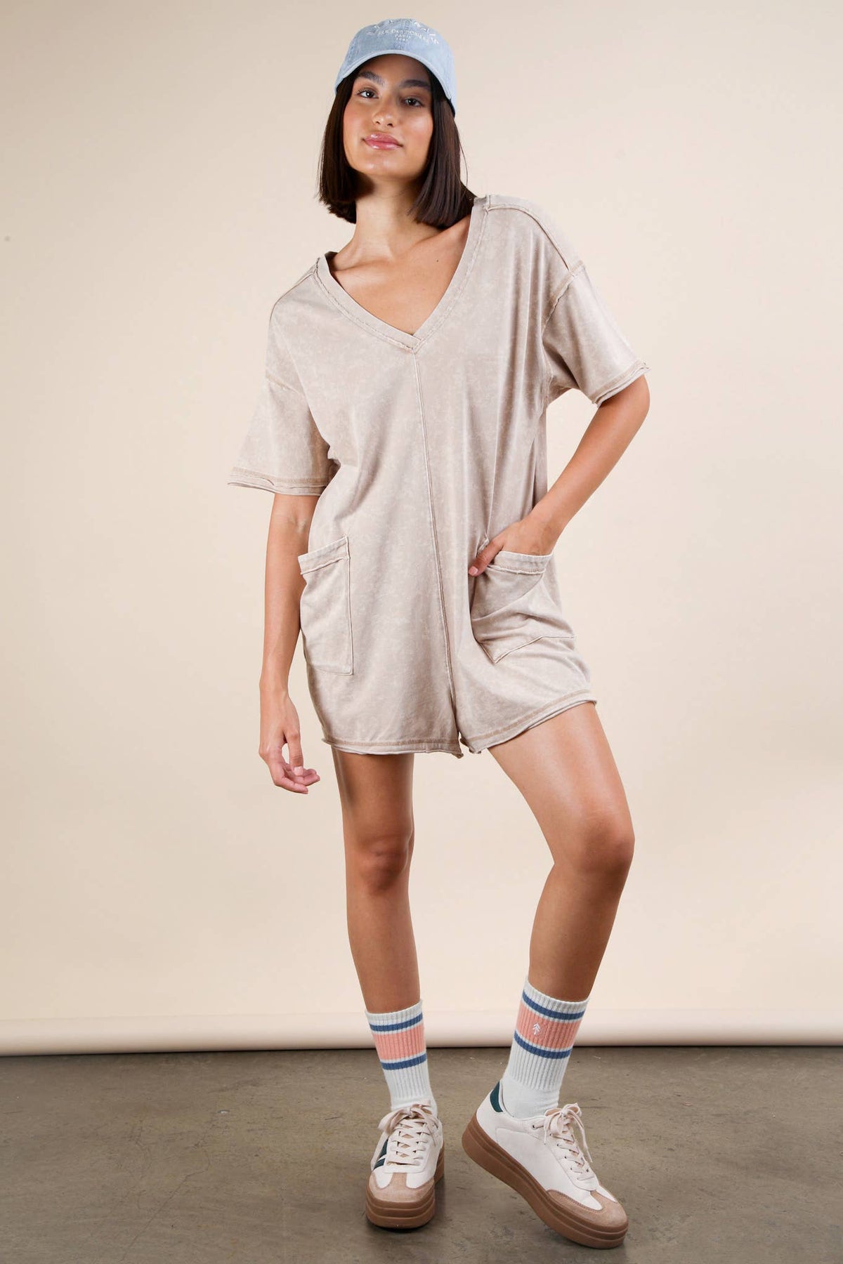 Mineral Washed Oversized Casual Knit Romper: TAUPE