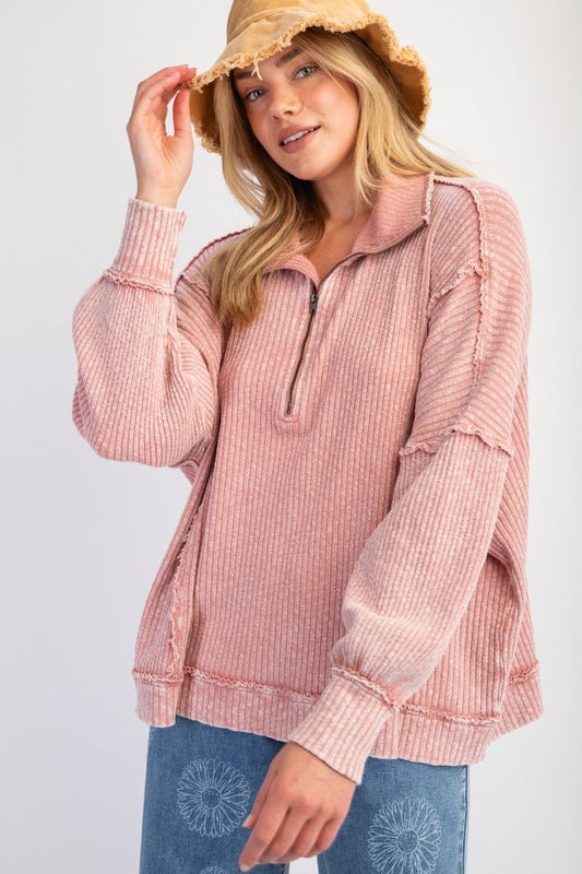 NOVELTY RIB KNIT ZIP UP PULLOVER-TAN