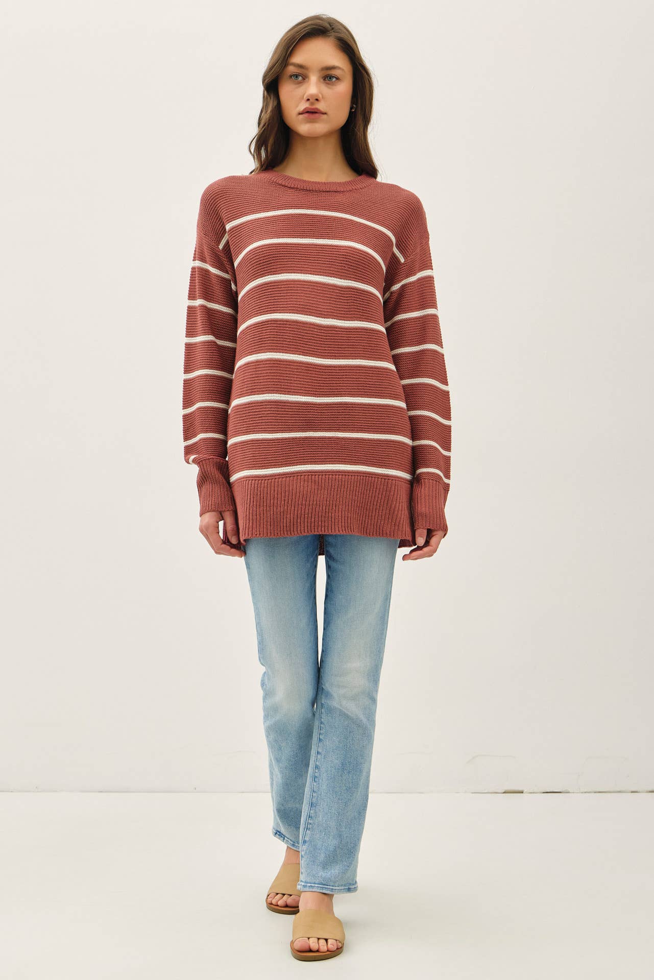 Brick STRIPED SWEATER TUNIC TOP WITH SLIT AT HEMLINE