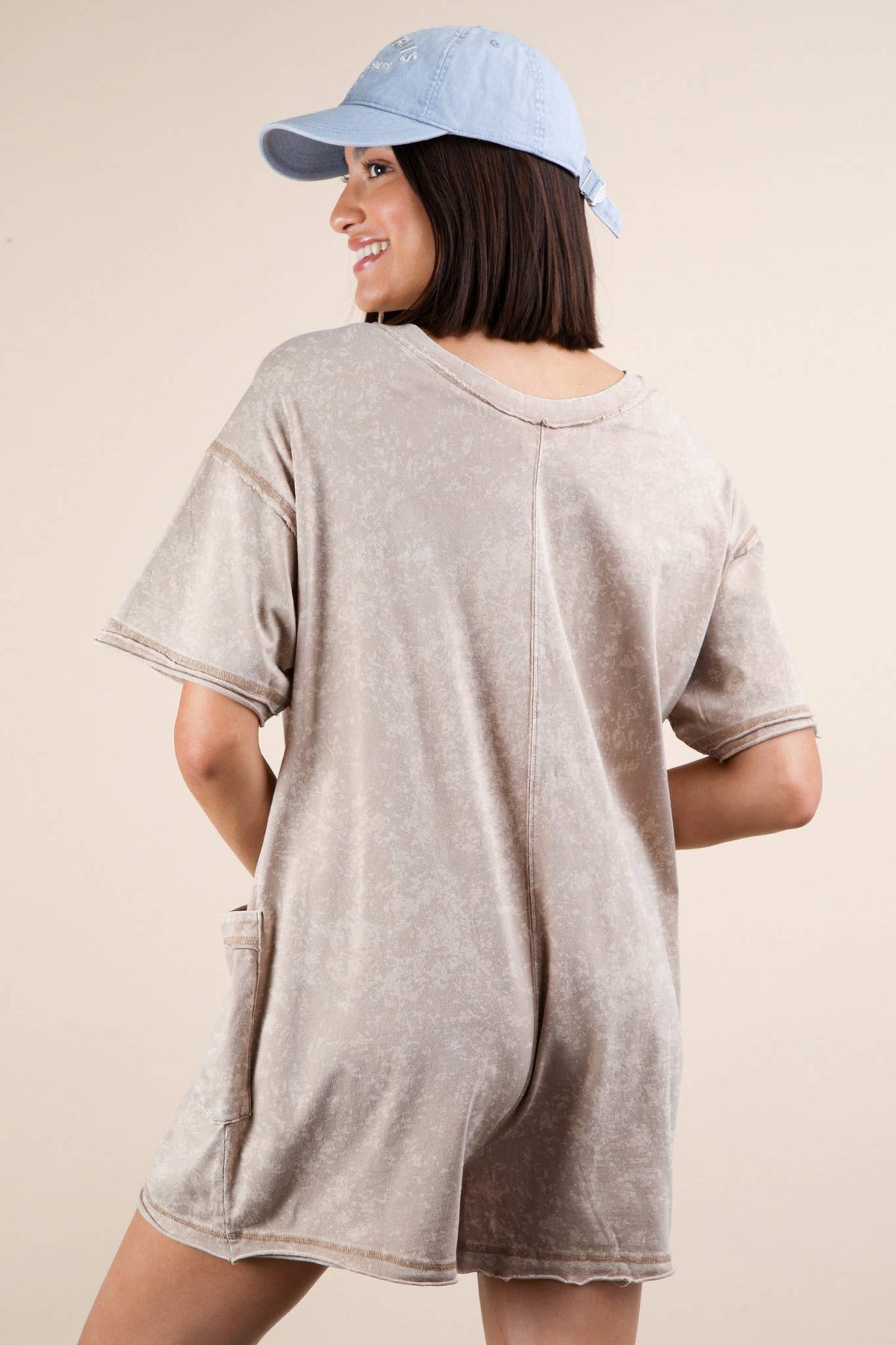 Mineral Washed Oversized Casual Knit Romper: TAUPE