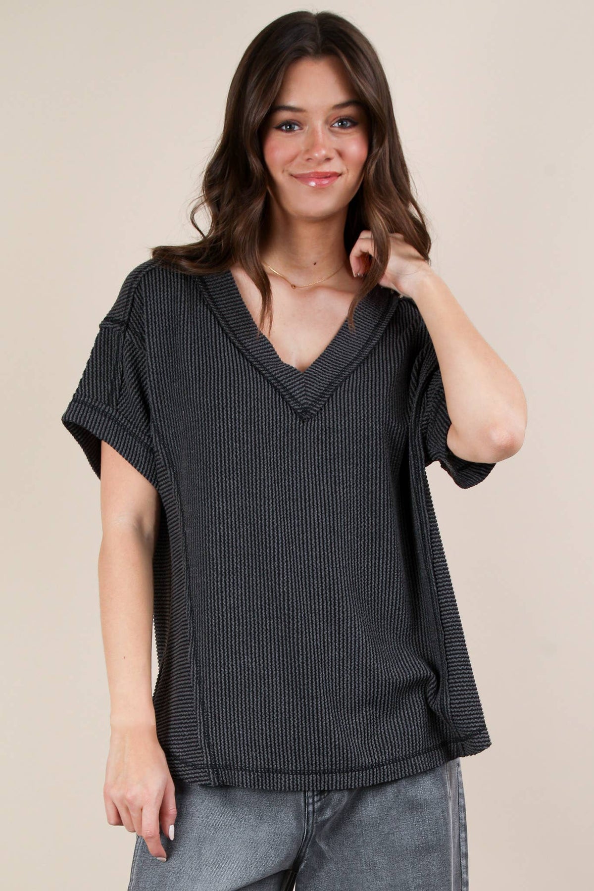 PLUS SIZE Soft Two Tone Casual Comfy Ribbed Knit  CHARCOAL