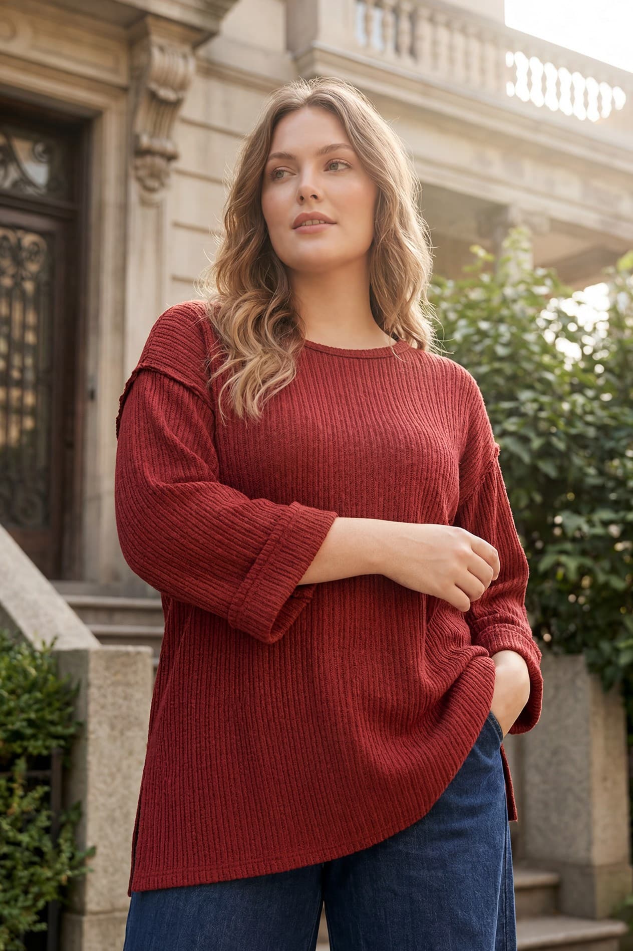3/4 Folded Sleeve Knit Top - Wine
