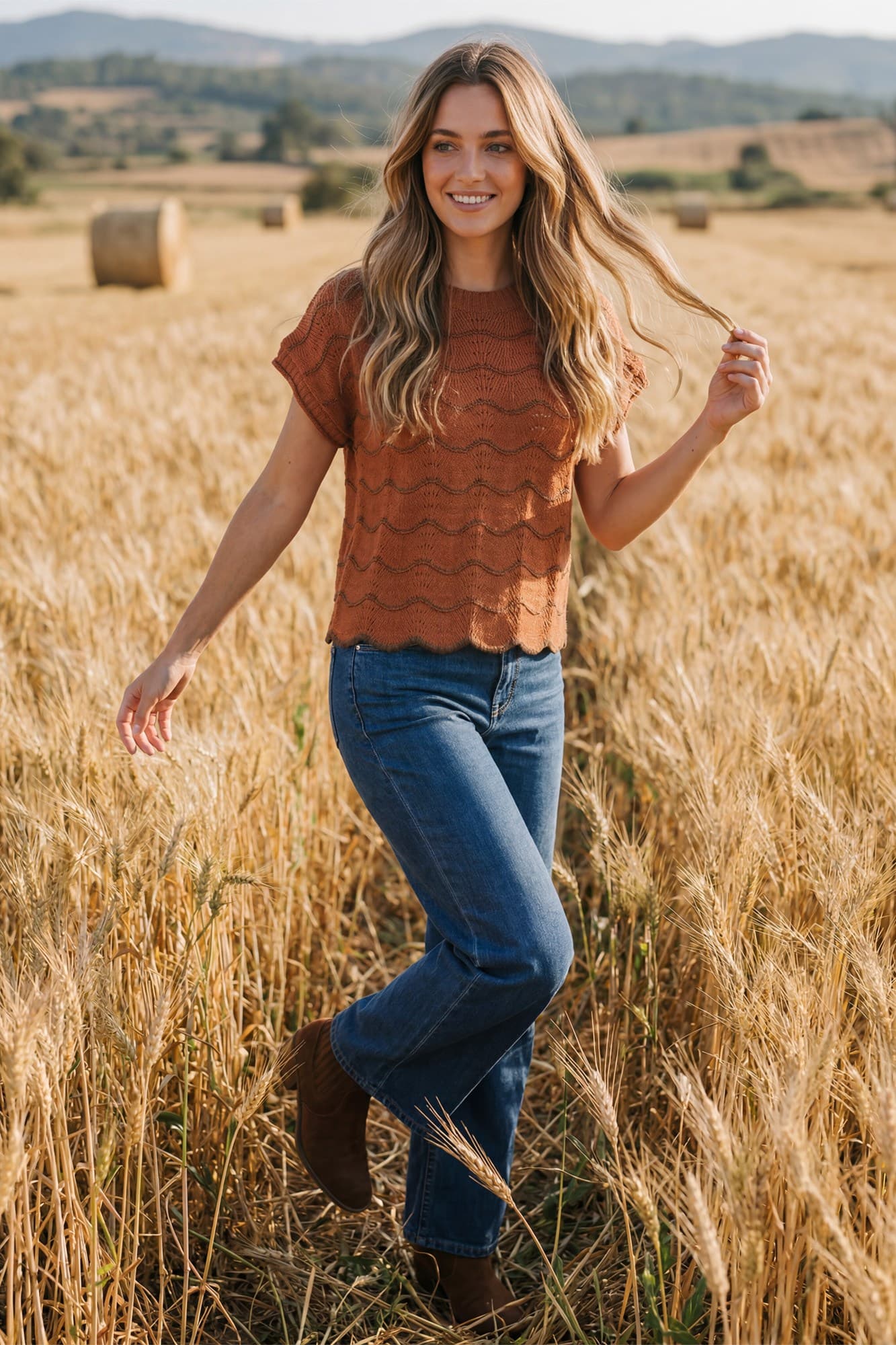 Drop Short Sleeve Scallop Striped Knit Sweater Top - Rust