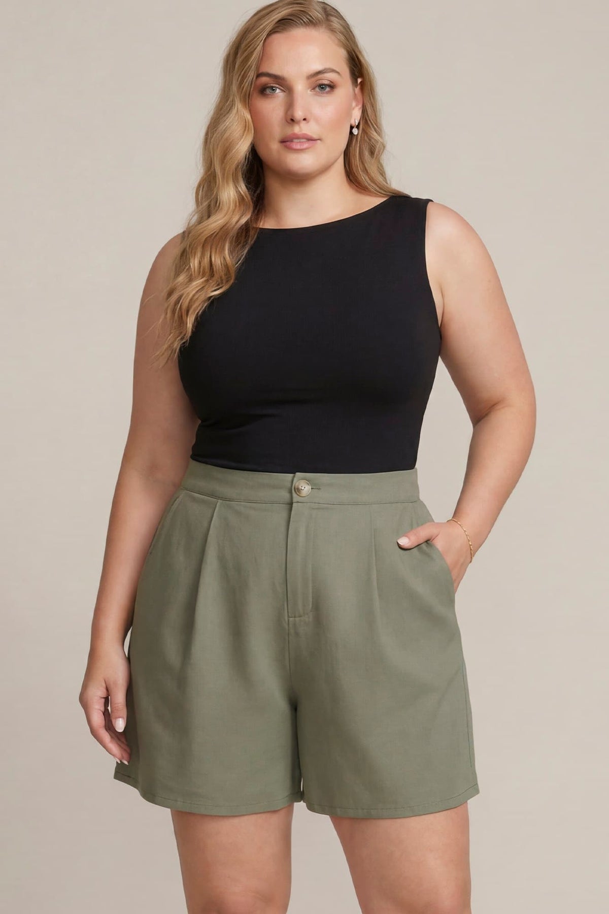Back Elastic Waist Shorts - Lt Olive