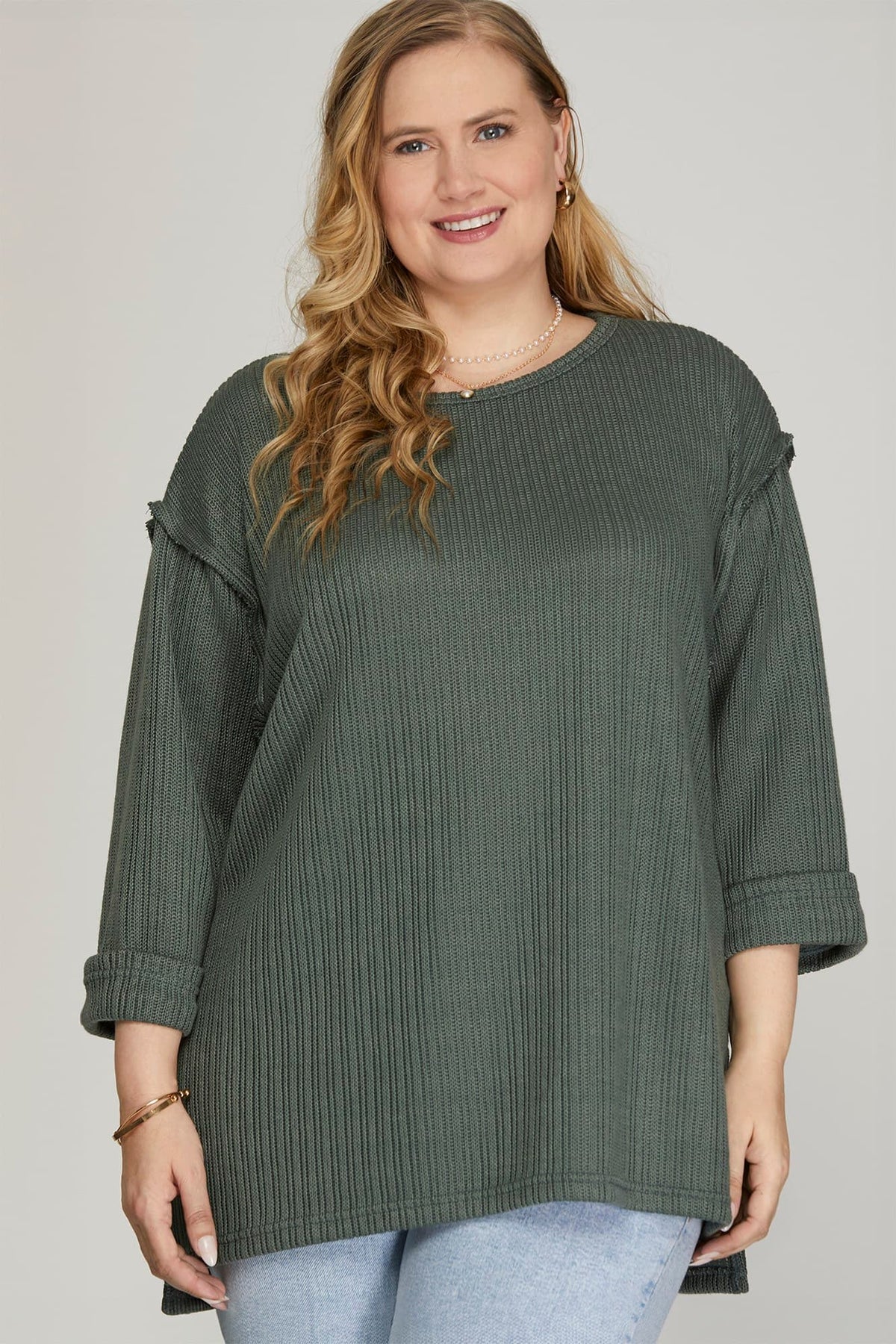 3/4 Folded Sleeve Knit Top - Slate