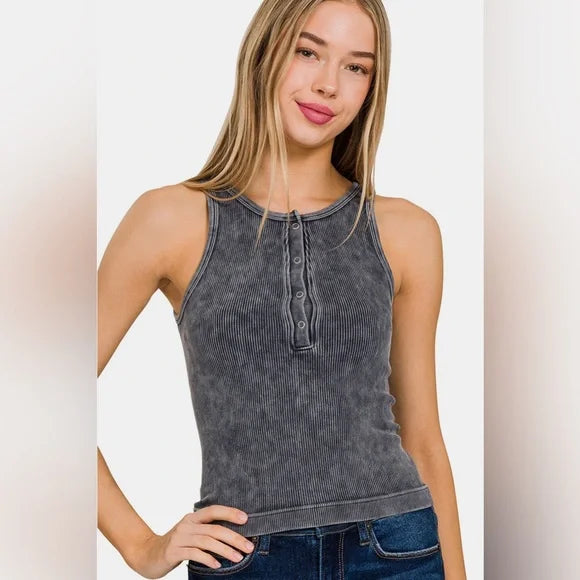 Washed ribbed seamless button -up tank top