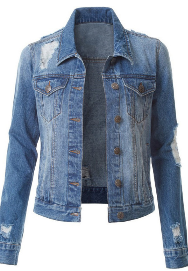 Solid Denim Ripped Jacket Shacket