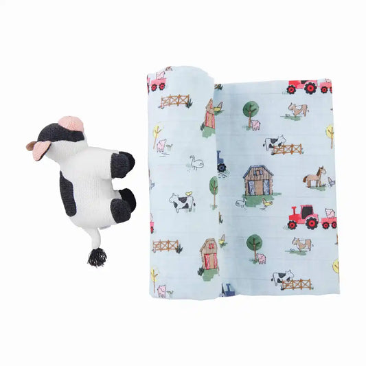 COW SWADDLE BLANKET AND RATTLE