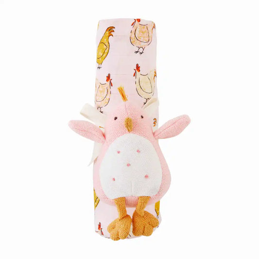 CHICKEN SWADDLE BLANKET AND RATTLE