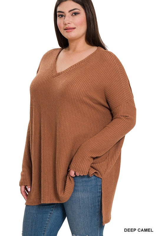 V-Neck Brushed Thermal Waffle Long Sleeve Shirt