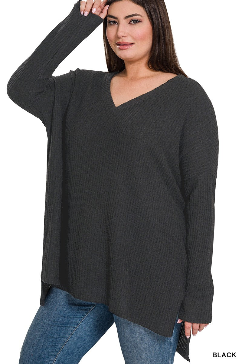 V-Neck Brushed Thermal Waffle Long Sleeve Shirt