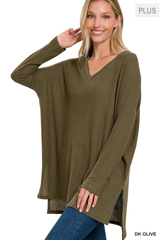 V-Neck Brushed Thermal Waffle Long Sleeve Shirt