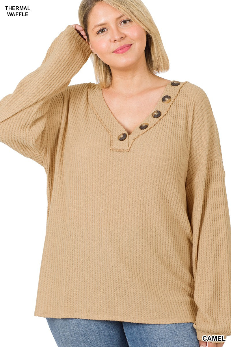 Curvy Brushed Thermal Waffle button long sleeve