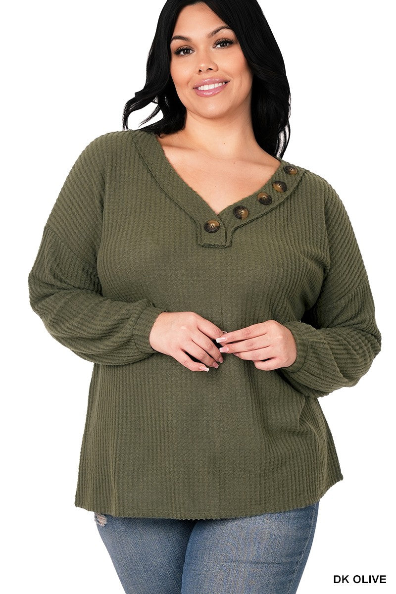 Curvy Brushed Thermal Waffle button long sleeve