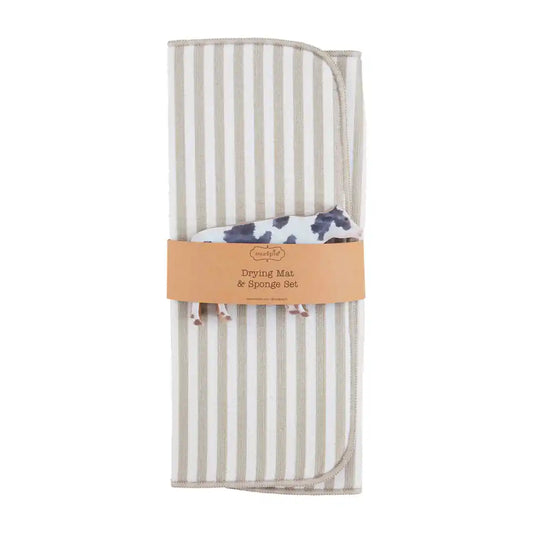 TAUPE STRIPE DRYING MAT AND SPONGE SET