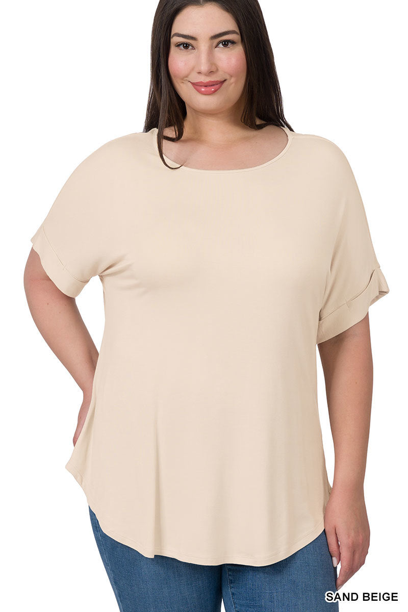 LUXE RAYON ROLLED SLEEVE BOAT NECK TOP