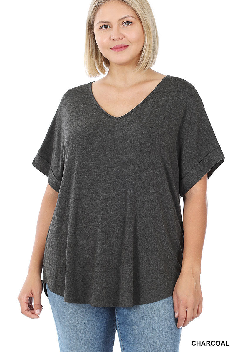 LUXE RAYON SHORT CUFF SLEEVE V-NECK TOP