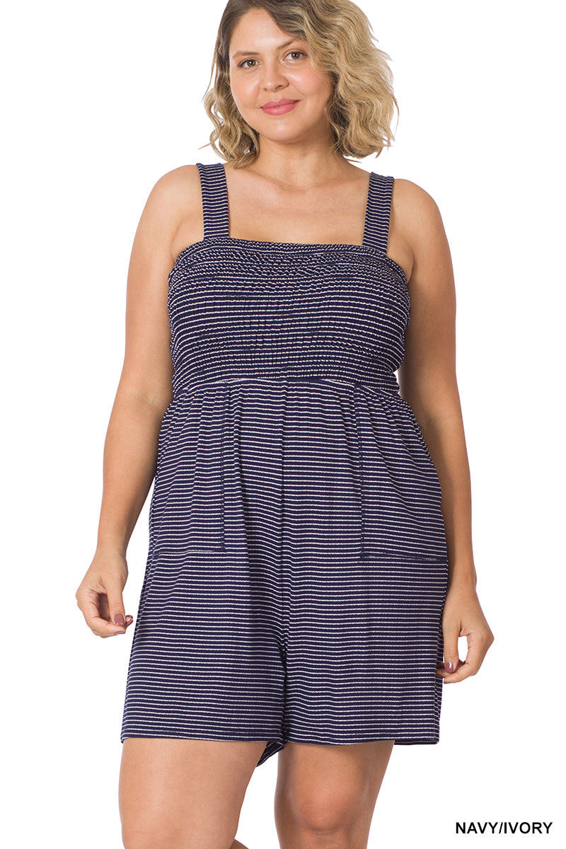 SMOCKED TOP STRIPED ROMPER WITH POCKETS