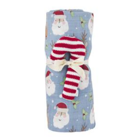 BLUE XMAS SWADDLE RATTLE SET